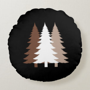 Christmas Trees In White & Chocolate Brown Tones Round Pillow