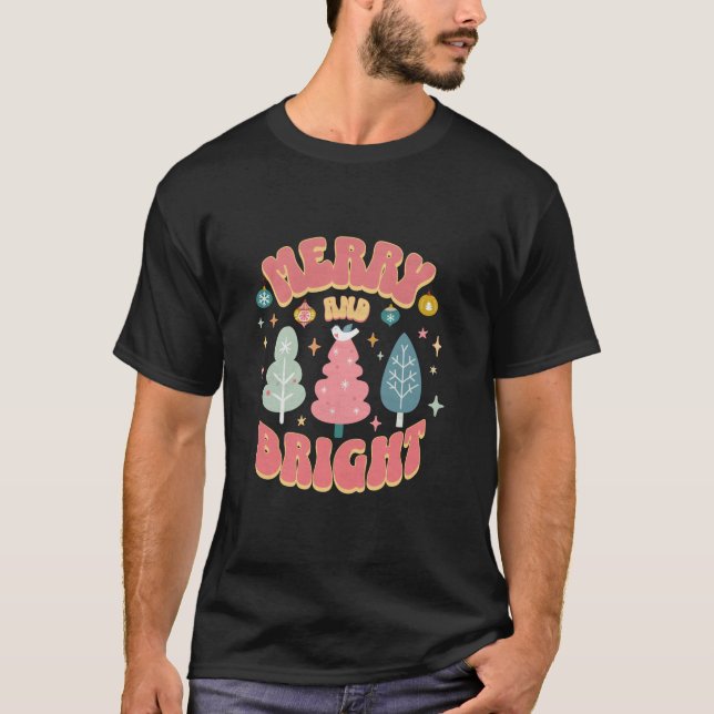 Christmas Trees Merry and Bright Retro Grunge Desi T-Shirt (Front)