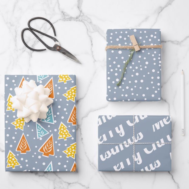 Christmas trees, "Merry Christmas", dusty blue Wrapping Paper Sheet (Front)