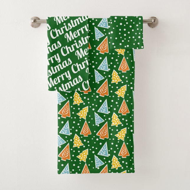 Christmas trees "Merry Christmas" snow green Bath Towel Set (Insitu)