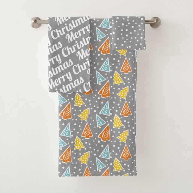 Christmas trees "Merry Christmas" snow grey rustic Bath Towel Set (Insitu)