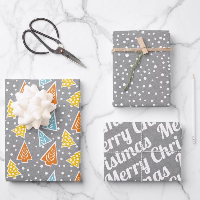 Christmas trees "Merry Christmas" snow grey rustic Wrapping Paper Sheet (Front)