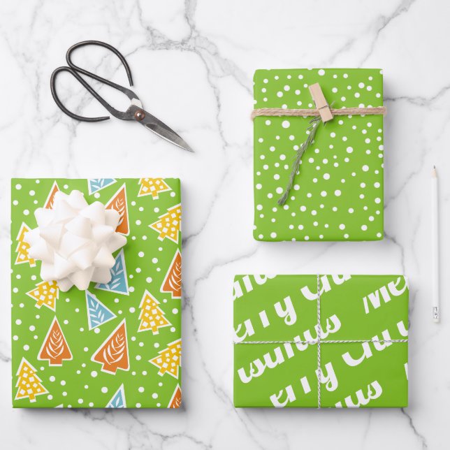 Christmas trees "Merry Christmas" snow lime green Wrapping Paper Sheet (Front)