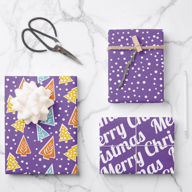 Christmas trees "Merry Christmas" snow purple Wrapping Paper Sheet (Front)