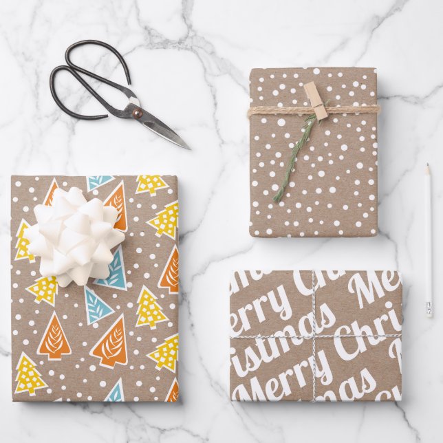 Christmas trees "Merry Christmas" snow rustic Wrapping Paper Sheet (Front)