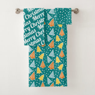 Christmas trees "Merry Christmas" snow teal blue Bath Towel Set