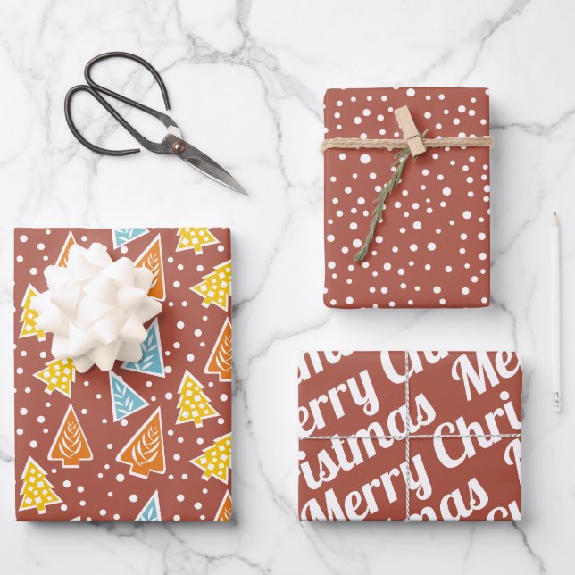 Christmas trees, "Merry Christmas", terracotta Wrapping Paper Sheet (Front)