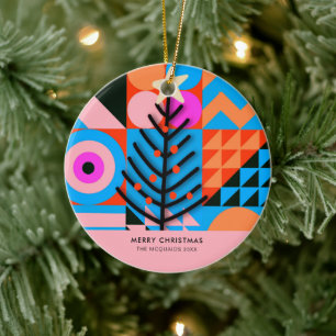 Christmas Trees Modern Geometric Pinks Blues Ceramic Ornament