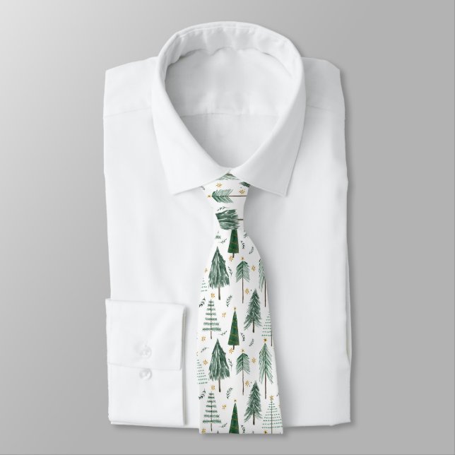 Christmas Trees Modern Watercolor Star Foliage Tie (Tied)