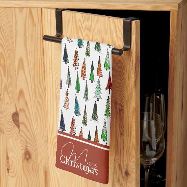 Christmas trees monogram  kitchen towel (Thirds Fold)