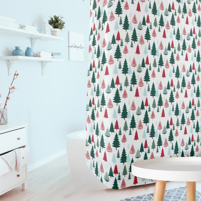 Christmas Trees Nordic Pine Forest Modern Pattern (A shower curtain patterned with a winter forest of Christmas trees, in red, green and mint on white)