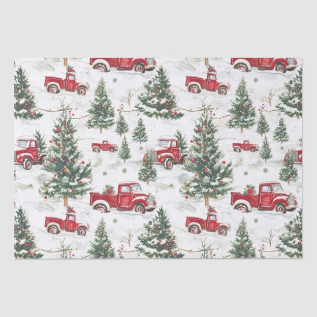 Christmas Trees Old Red Truck Tissue Paper (Front)