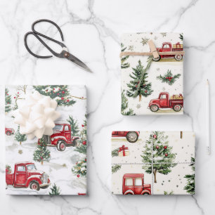 Christmas Trees Old Red Truck Wrapping Paper Sheet