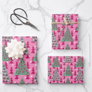 Christmas Trees on Hot Pink Wrapping Paper Sheet