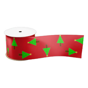 Christmas trees on red satin ribbon