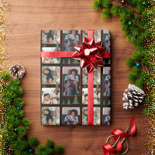 Christmas trees on starry black photo collage wrapping paper