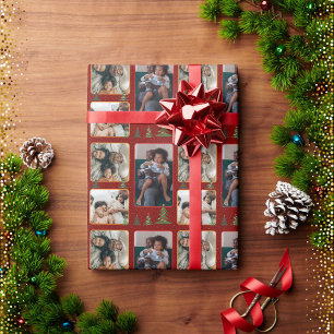 Christmas trees on starry red photo collage wrapping paper