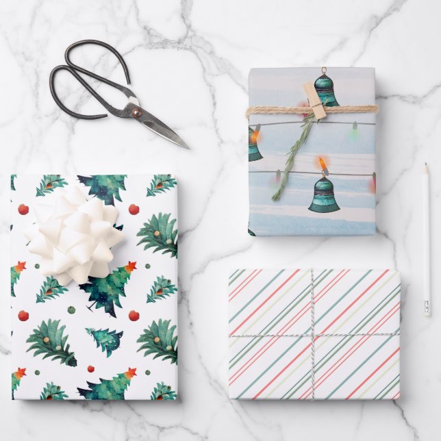 Christmas Trees, Ornaments and Stripes Wrapping Paper Sheet (Front)