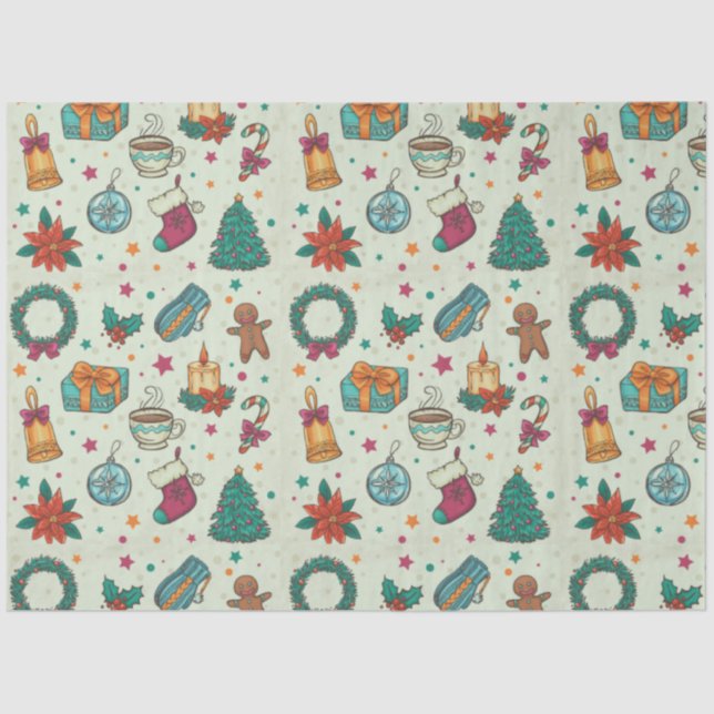 Christmas Trees Ornaments Stars Green Christmas Tissue Paper (Front)