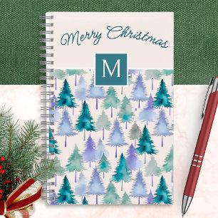 Christmas Trees Pattern Blush Pink Monogrammed Notebook