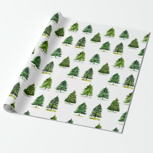 Christmas trees pattern Festive Green Watercolor  Wrapping Paper