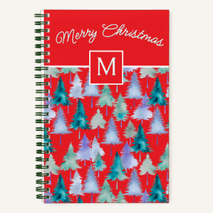 Christmas Trees Pattern Festive Red Monogrammed Notebook
