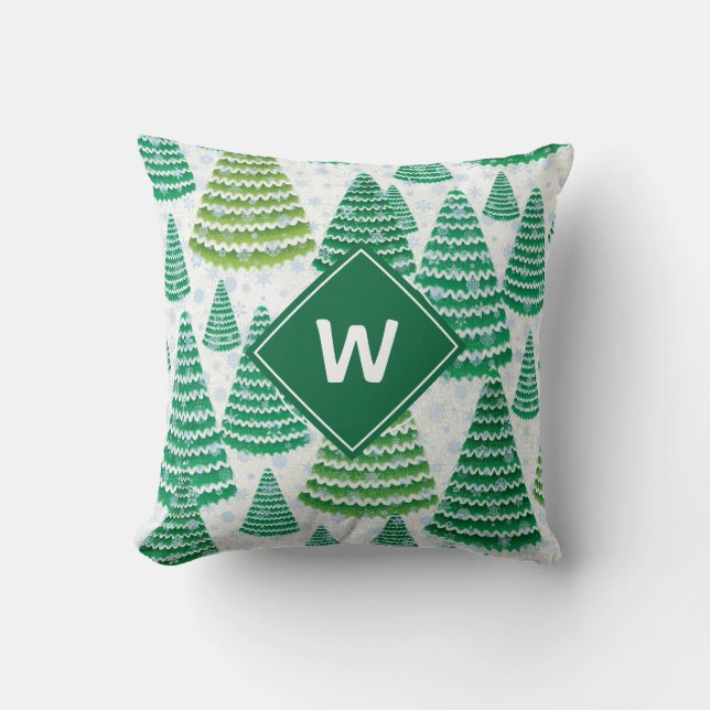 Christmas Trees Pattern Monogrammed Initial Throw Pillow (Front)