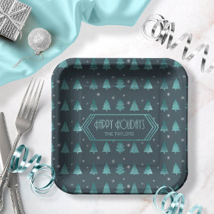 Christmas Trees Pattern Teal ID863  Paper Plate