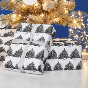 Christmas trees pine Festive Black Watercolor Wrapping Paper