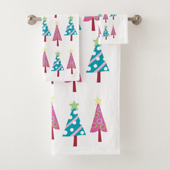 Christmas Trees Pink & Blue Bath Towel Sets (Insitu)