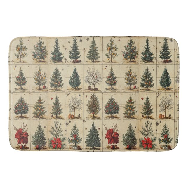 Christmas Trees Poinsettia Elegant Vintage Bath Mat (Front)