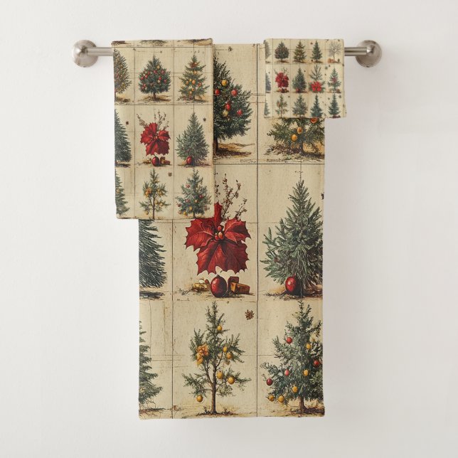 Christmas Trees Poinsettia Elegant Vintage Bath Towel Set (Insitu)