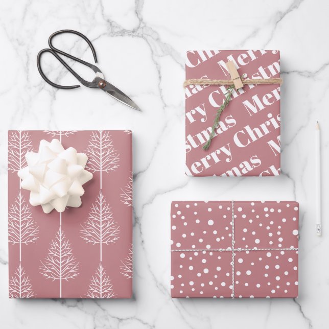 Christmas trees, polka dots dusty rose holiday wrapping paper sheet (Front)