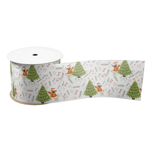 Christmas trees &pug dog pattern custom background satin ribbon (Spool)