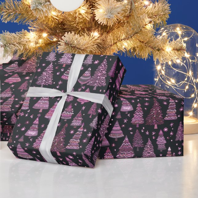 Christmas Trees Purple White Black Christmas Wrapping Paper (Holidays)