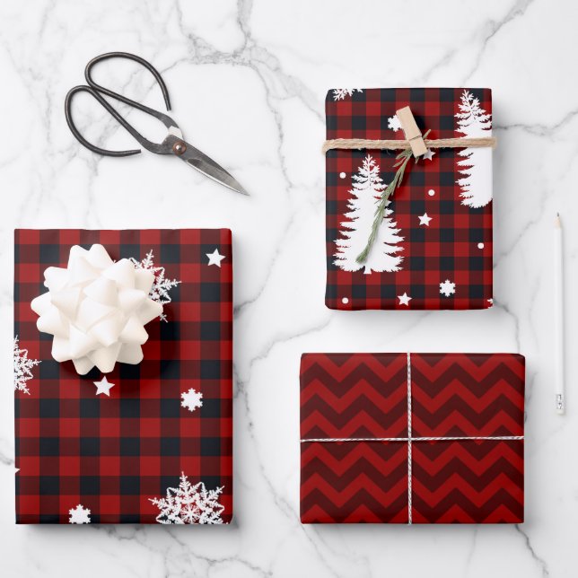 Christmas Trees Red Black Plaid Chevron Wrapping Paper Sheet (Front)