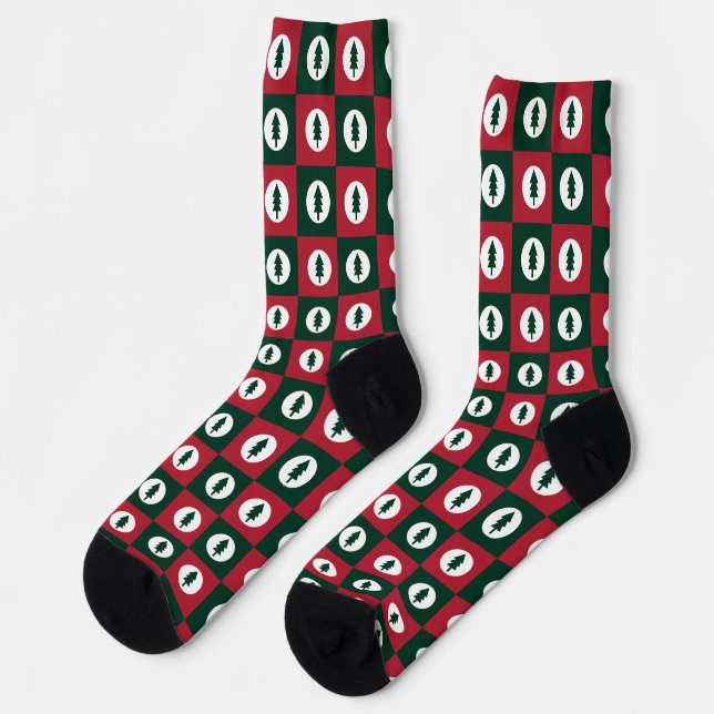 Christmas Trees Red Green and White Pattern Socks (Left)