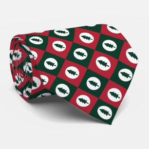 Christmas Trees Red Green White Squares Pattern Tie