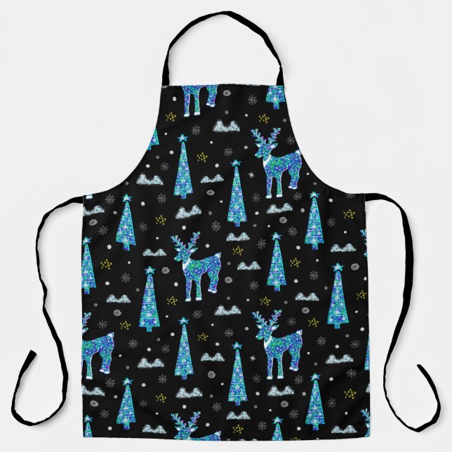Christmas trees, reindeer snowflakes. Winter illus Apron (Front)