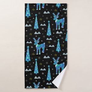 Christmas trees, reindeer snowflakes. Winter illus Bath Towel