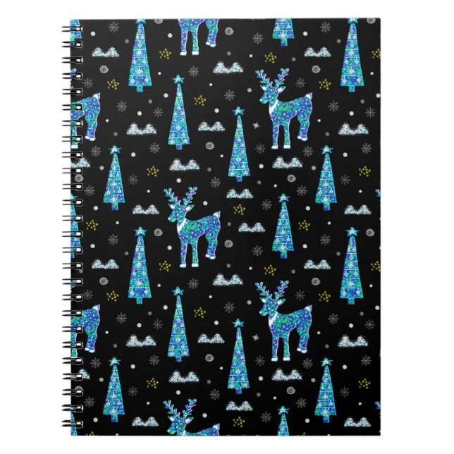 Christmas trees, reindeer snowflakes. Winter illus Notebook (Front)