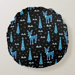 Christmas trees, reindeer snowflakes. Winter illus Round Pillow