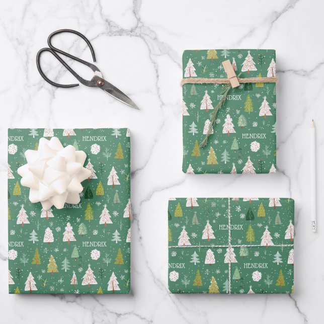 Christmas Trees Repeating Name Personalized Wrapping Paper Sheet (Front)