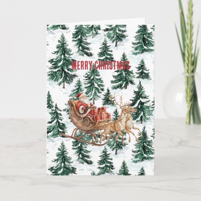 Christmas Trees Santa in Sleigh Reindeer Card (Front)