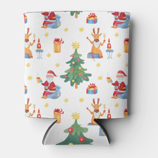 Christmas trees, Santa: watercolor pattern. Can Cooler (Front)