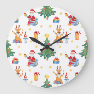 Christmas trees, Santa: watercolor pattern. Large Clock