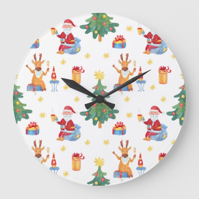 Christmas trees, Santa: watercolor pattern. Large Clock (Front)