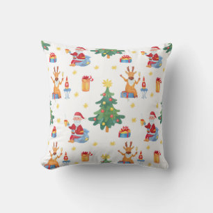 Christmas trees, Santa: watercolor pattern. Throw Pillow