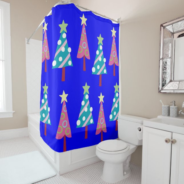 Christmas Trees Shower Curtain Pink & Blue  (In Situ)