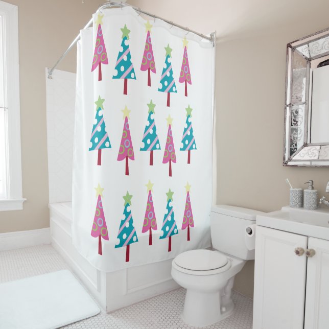 Christmas Trees Shower Curtain Pink & Blue  (In Situ)